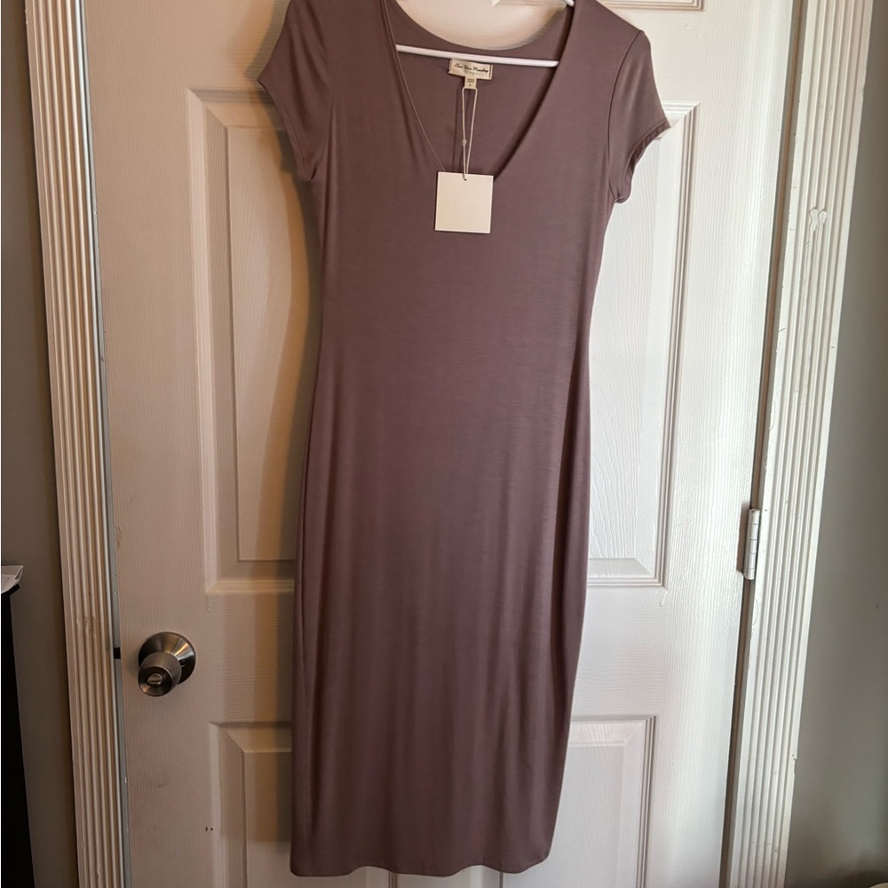 See You Monday Tan Sheath Midi Dress V-Neck